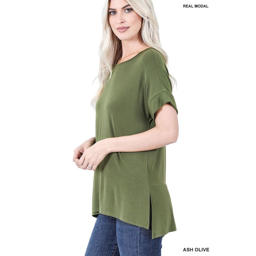 NEW! Luxe Modal Short Cuff Sleeve Boat Neck Top with High-Low Hem Ash Olive / S Tops