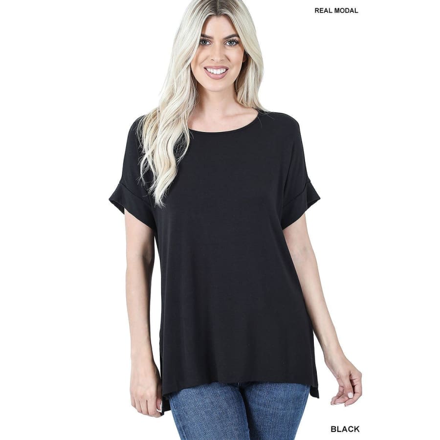 NEW! Luxe Modal Short Cuff Sleeve Boat Neck Top with High-Low Hem Black / S Tops