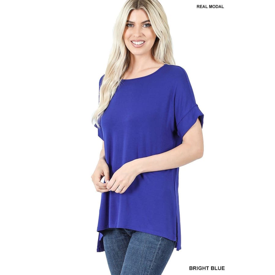 NEW! Luxe Modal Short Cuff Sleeve Boat Neck Top with High-Low Hem Bright Blue / S Tops
