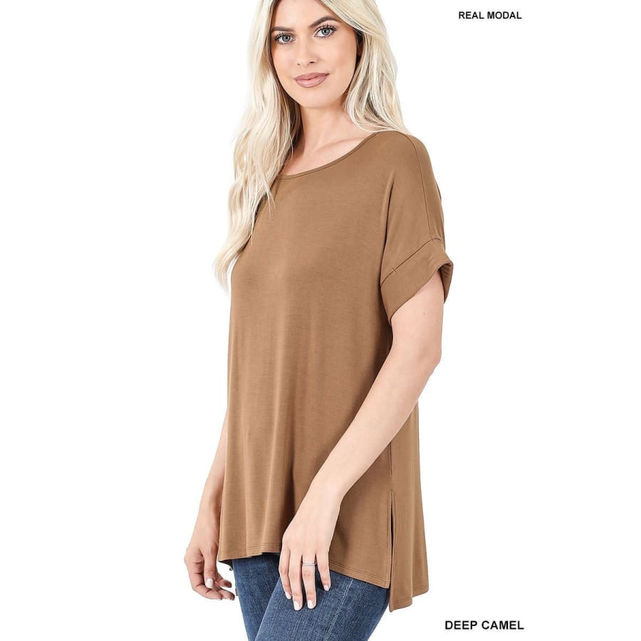NEW! Luxe Modal Short Cuff Sleeve Boat Neck Top with High-Low Hem Deep Camel / S Tops