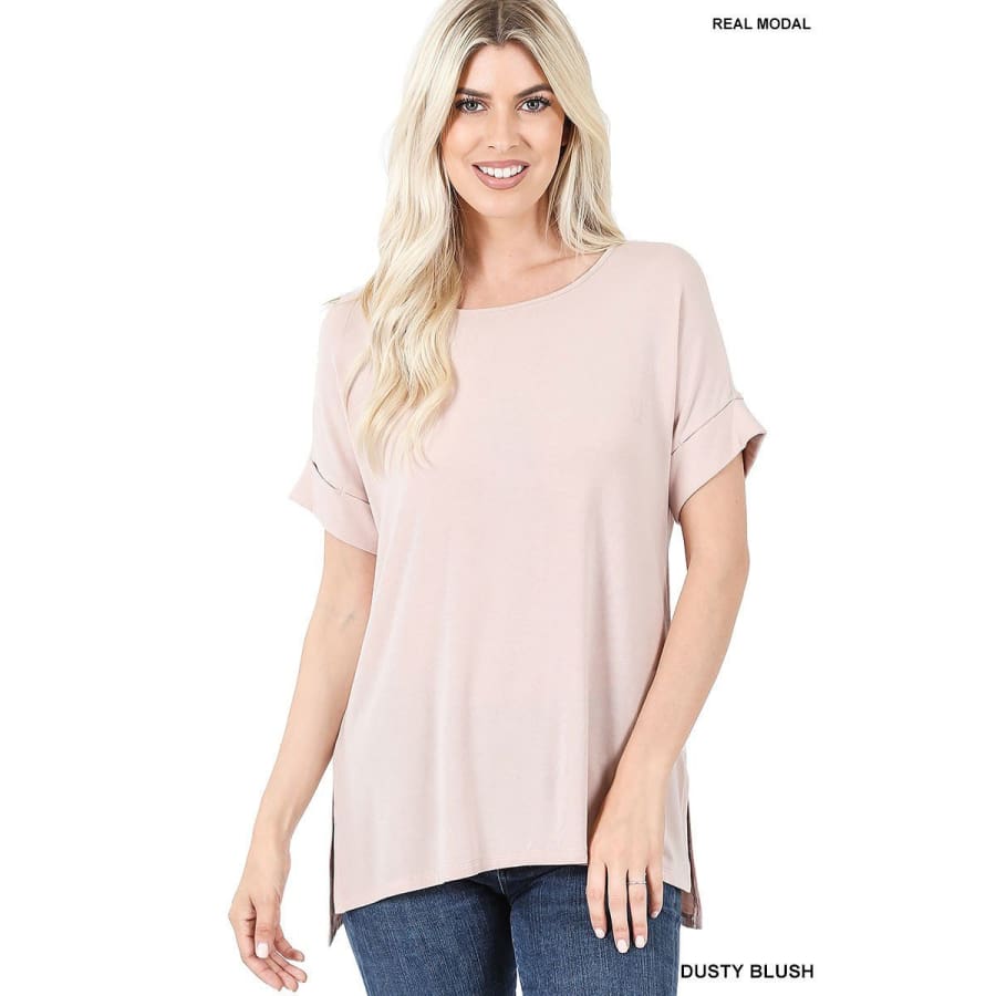 NEW! Luxe Modal Short Cuff Sleeve Boat Neck Top with High-Low Hem Dusty Blush / S Tops