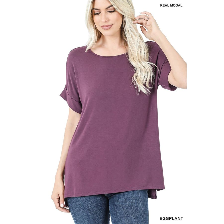 NEW! Luxe Modal Short Cuff Sleeve Boat Neck Top with High-Low Hem Eggplant / S Tops