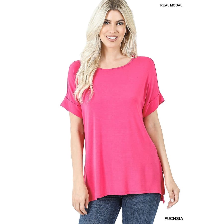 NEW! Luxe Modal Short Cuff Sleeve Boat Neck Top with High-Low Hem Fuchsia / S Tops