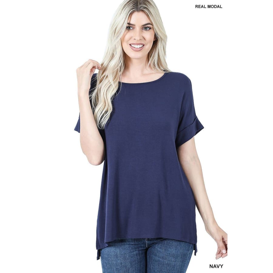 NEW! Luxe Modal Short Cuff Sleeve Boat Neck Top with High-Low Hem Navy / S Tops