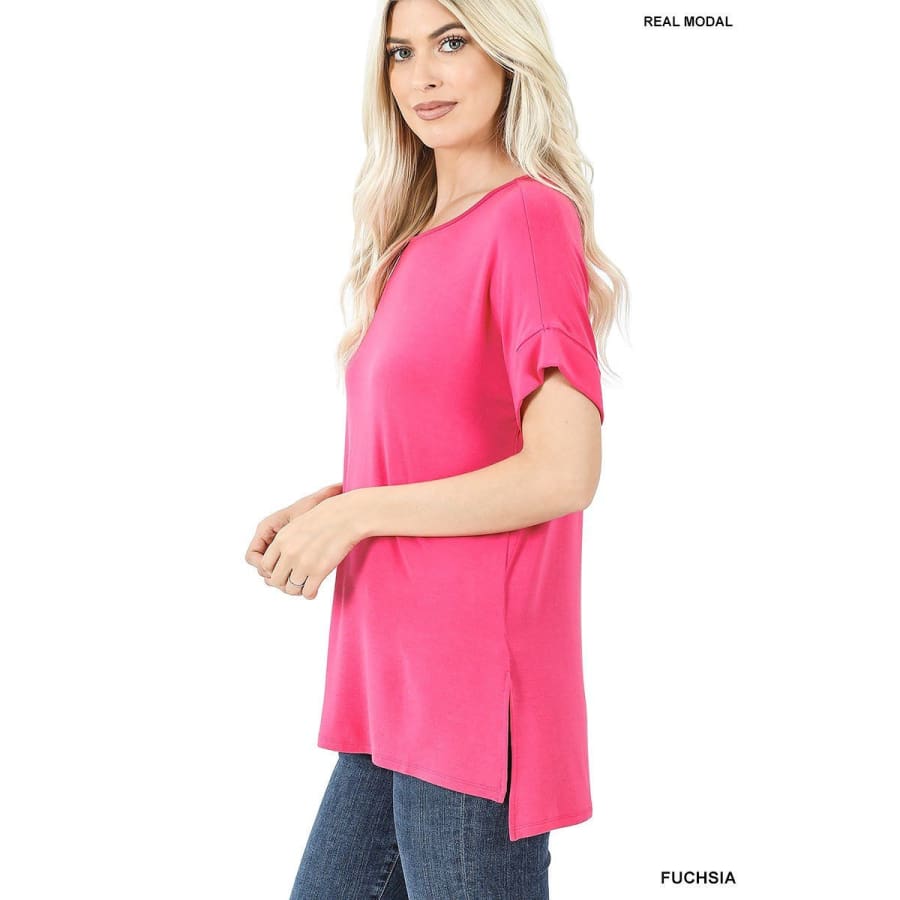 NEW! Luxe Modal Short Cuff Sleeve Boat Neck Top with High-Low Hem Fuchsia / S Tops