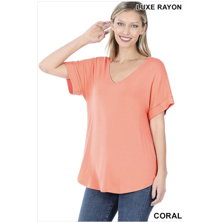 NEW! Luxe Rayon Short Cuff Sleeve V-Neck Round Hem Top Coral / S Tops