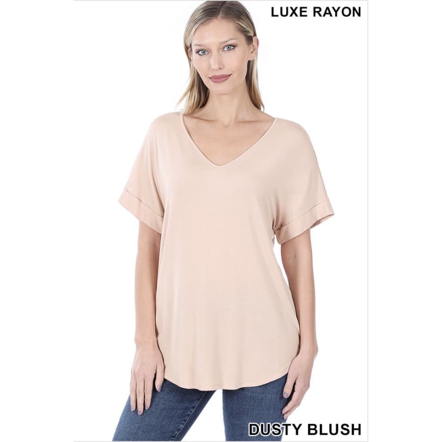 NEW! Luxe Rayon Short Cuff Sleeve V-Neck Round Hem Top Dusty Blush / S Tops