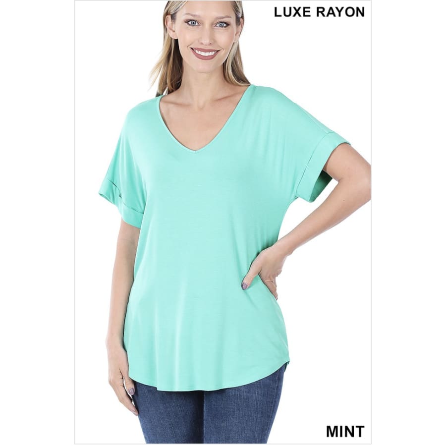 NEW! Luxe Rayon Short Cuff Sleeve V-Neck Round Hem Top Mint / S Tops