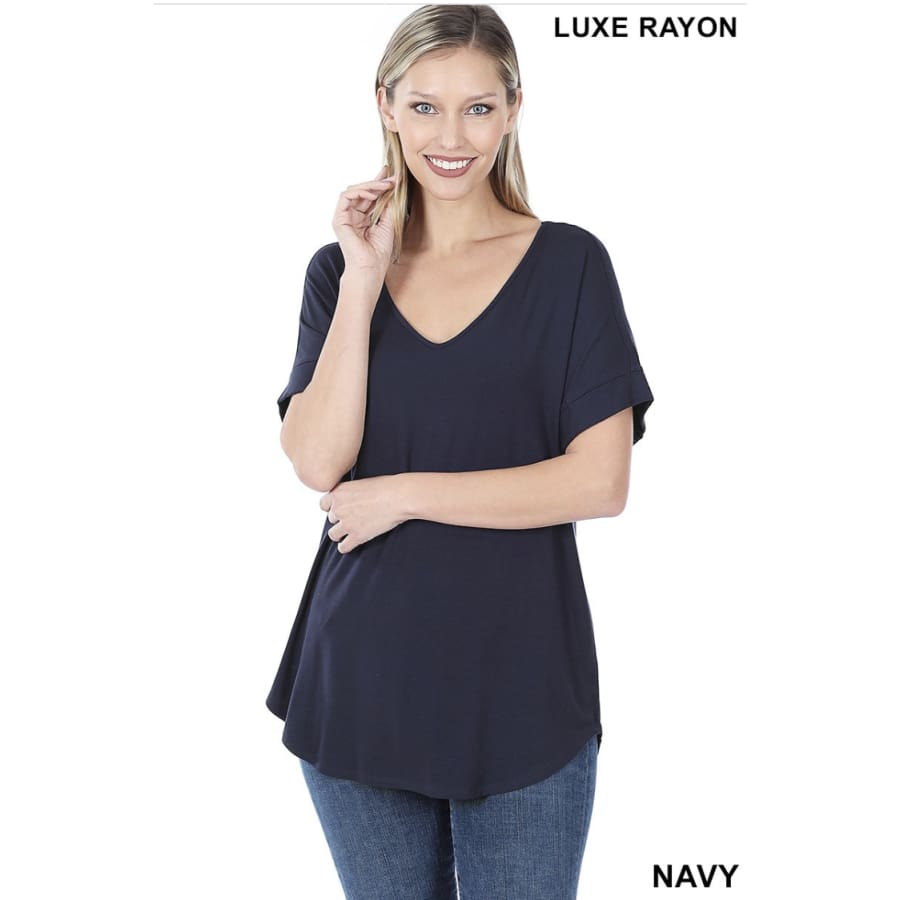 NEW! Luxe Rayon Short Cuff Sleeve V-Neck Round Hem Top Navy / M Tops