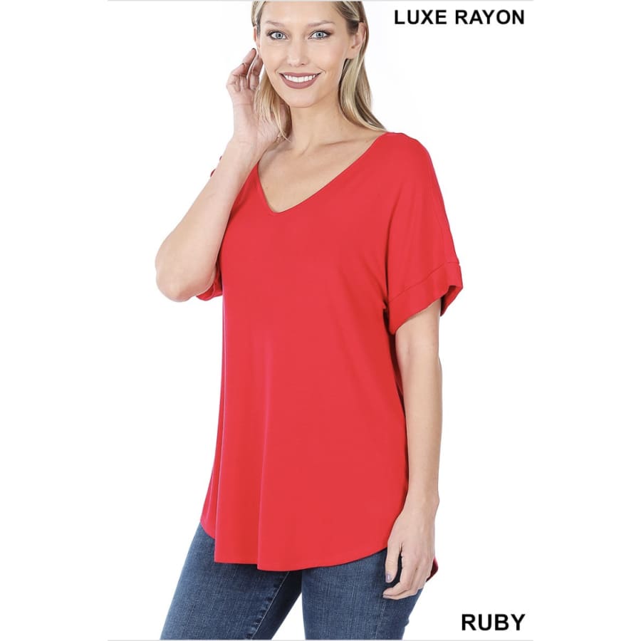 Zenana Luxe Rayon Short Cuff Sleeve V-Neck Round Hem Top - Ruby Tops