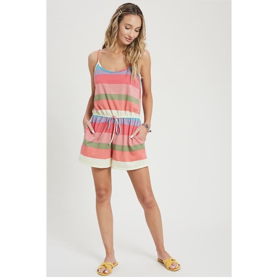 NEW! Multi-coloured Striped Romper with Spaghetti Straps Waist Tie Detail and Pockets Jumpsuits and Rompers