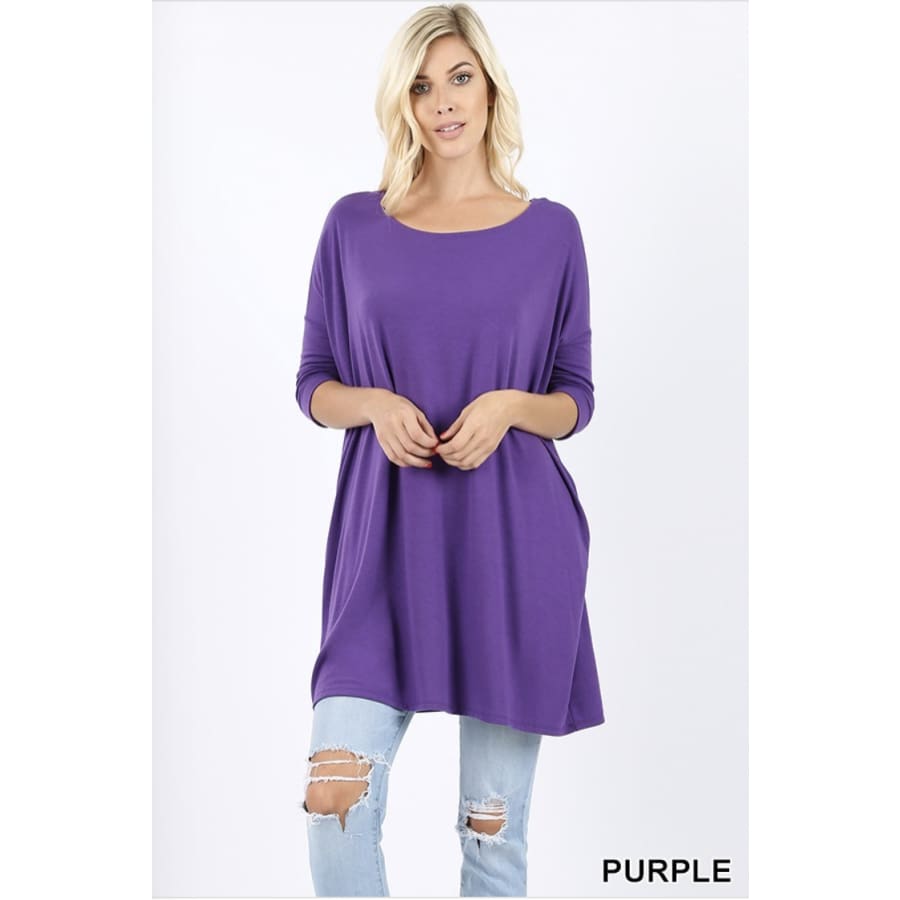 NEW! 3/4 Sleeve Drop Shoulder Boxy Top with Pockets Purple / S Tops