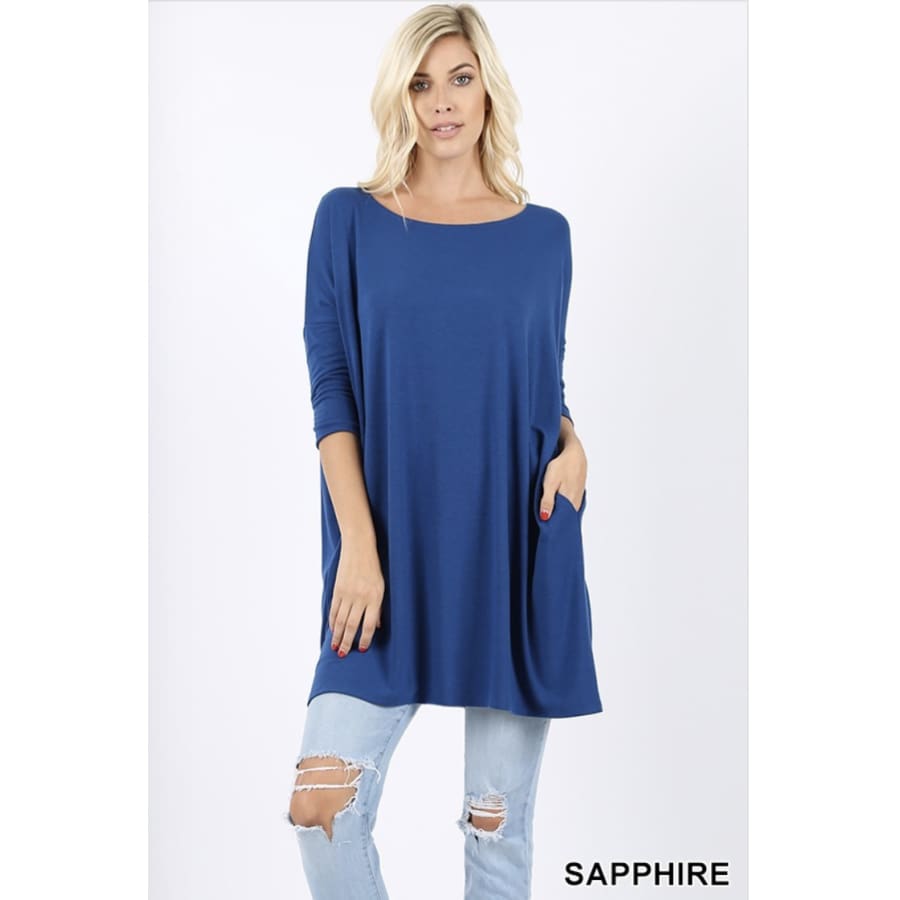 NEW! 3/4 Sleeve Drop Shoulder Boxy Top with Pockets Sapphire / S Tops