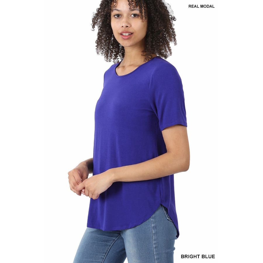 NEW! Luxe Modal Short Sleeve Round Neck Top with High-Low Hem Bright Blue / S Tops