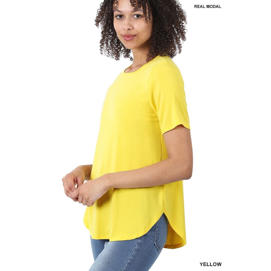 NEW! Luxe Modal Short Sleeve Round Neck Top with High-Low Hem Yellow / S Tops