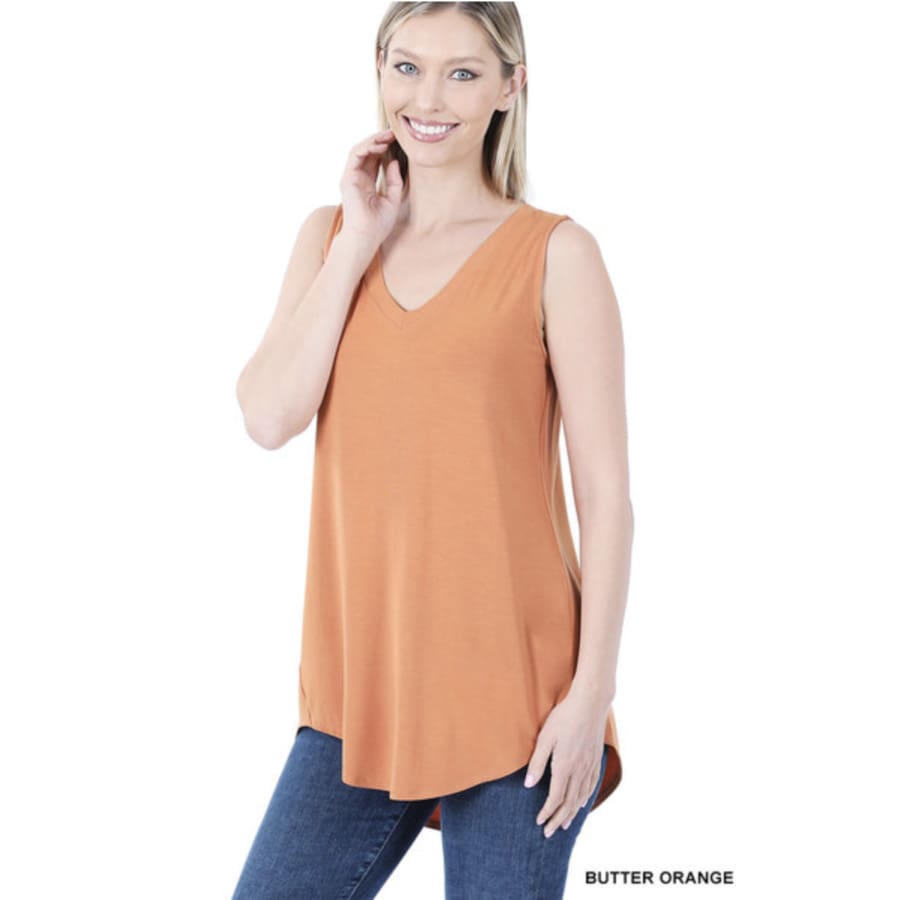 New! Luxe Rayon Sleeveless V-Neck High Low Hem Top Butter Orange / S Tops