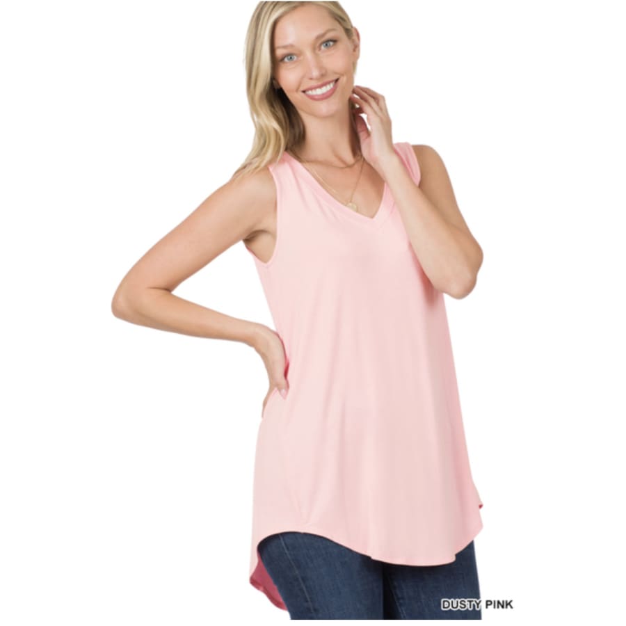 New! Luxe Rayon Sleeveless V-Neck High Low Hem Top Dusty Pink / S Tops