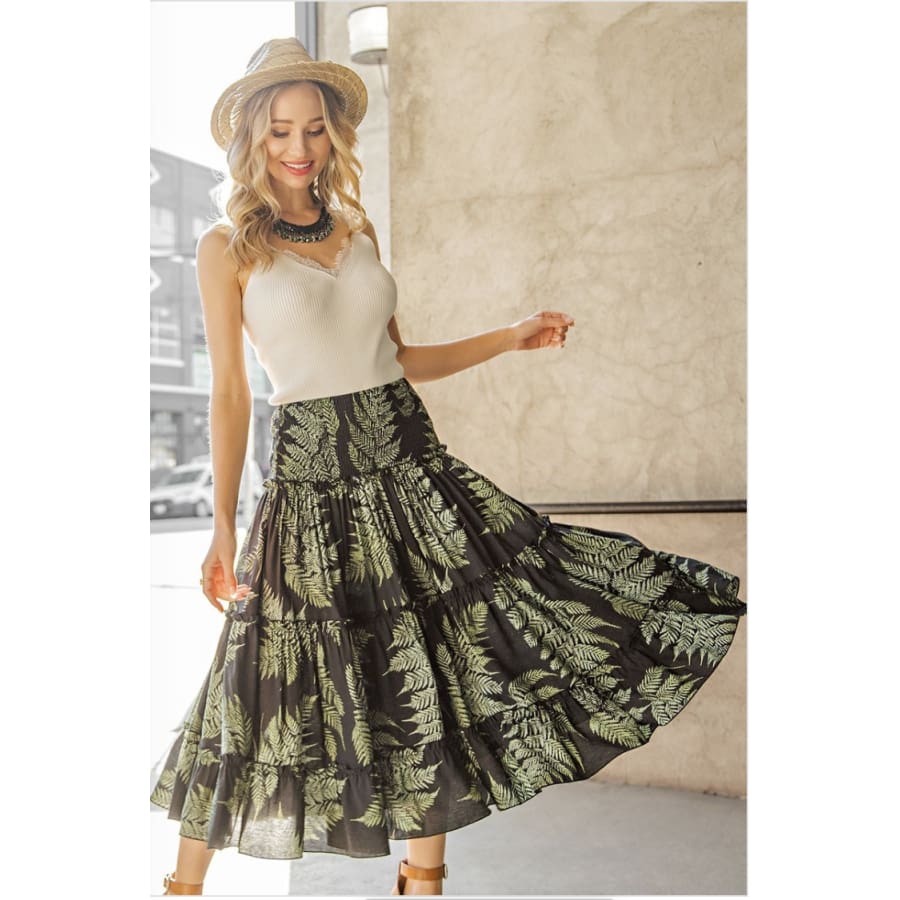 Coming Soon! Palm Print Tiered Maxi Skirt with Smocked Waist Skirts