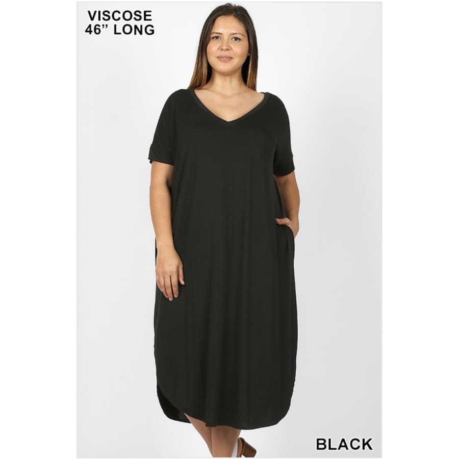 NEW! Viscose Short Sleeve V-Neck Round Hem Dress With Side Pockets Black / 1XL Dresses