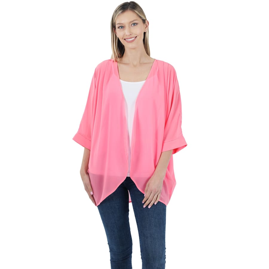 New! Woven Chiffon Cardigan with Shoulder Pleats - Bright Pink S Cardigan