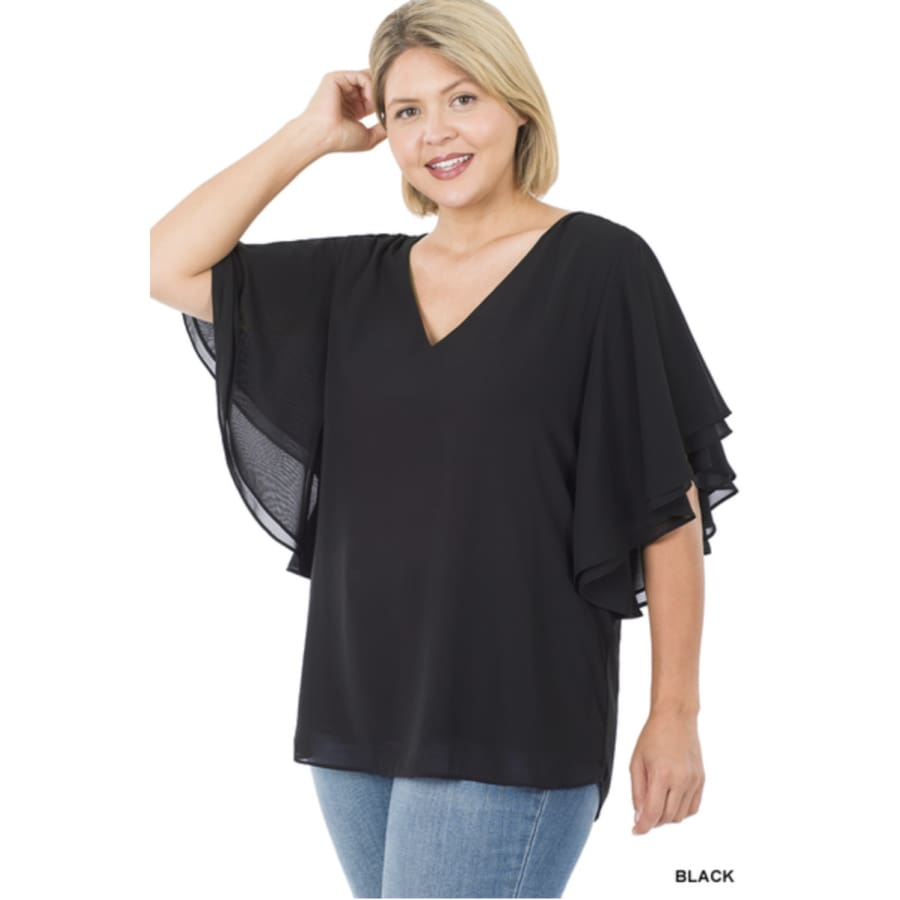 Coming Soon! Woven Double Layer Chiffon Top with Flutter Sleeves Black / 1XL Tops