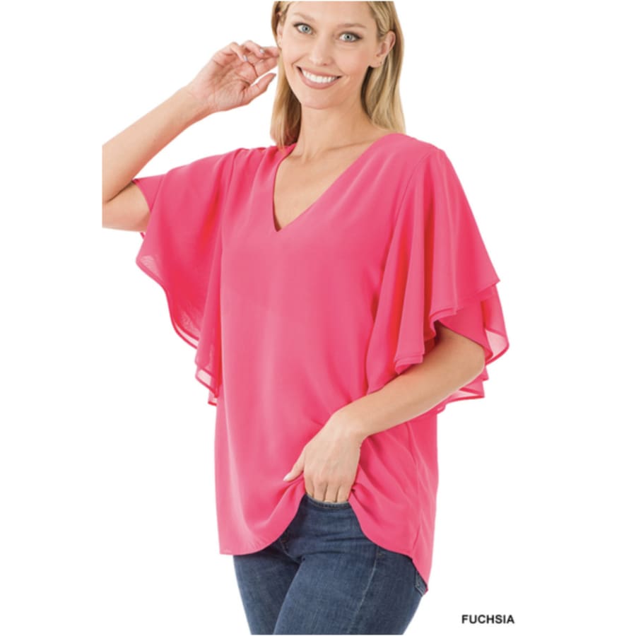 Coming Soon! Woven Double Layer Chiffon Top with Flutter Sleeves Fuchsia / S Tops