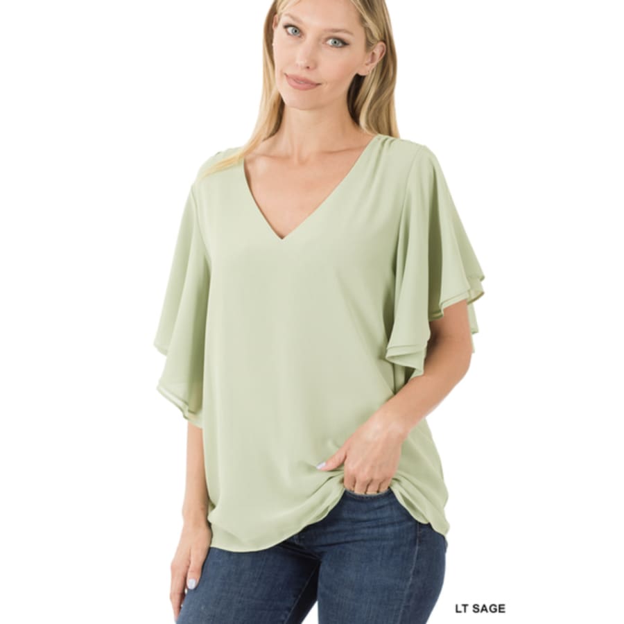 Coming Soon! Woven Double Layer Chiffon Top with Flutter Sleeves Light Sage / S Tops