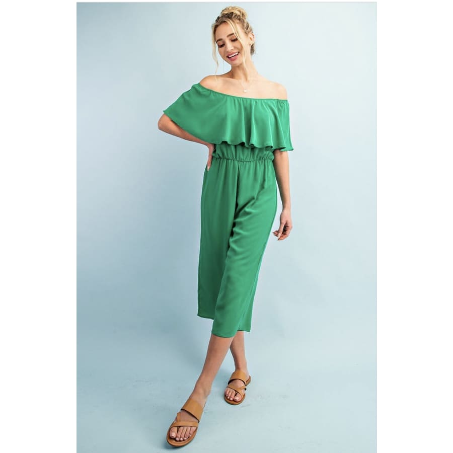 NEW! Off the Shoulder Capri Romper with Elastic Waist and Wide Leg Green / S Jumpsuits and Rompers