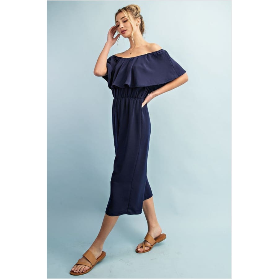 NEW! Off the Shoulder Capri Romper with Elastic Waist and Wide Leg Jumpsuits and Rompers