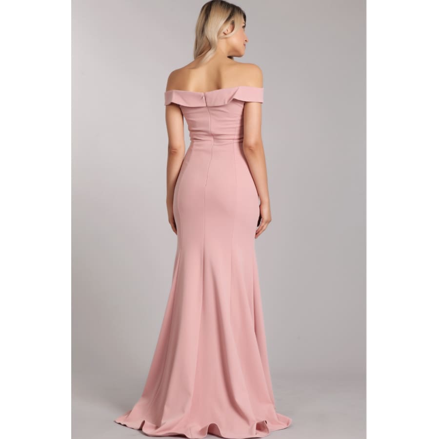Off the Shoulder Mermaid Gown with Slit and Pleated Skirt Gown