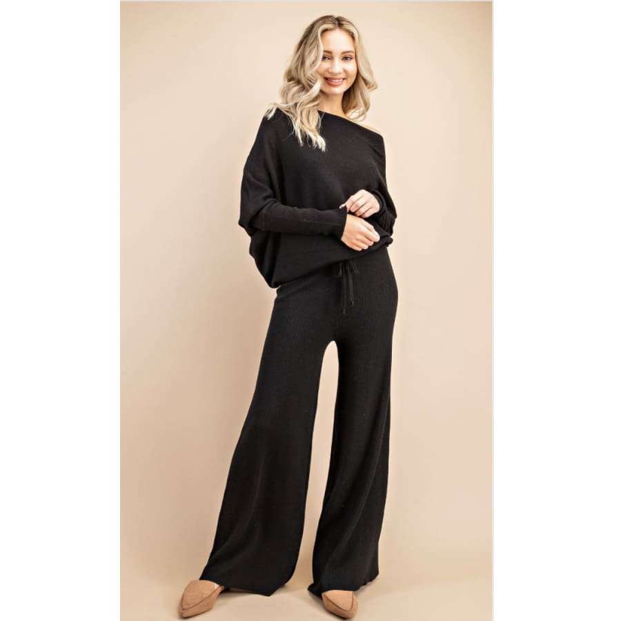NEW! Off the Shoulder Ribbed Knit Sweater with Dolman Sleeves (matching bottoms sold separately) Black Top / S Loungewear