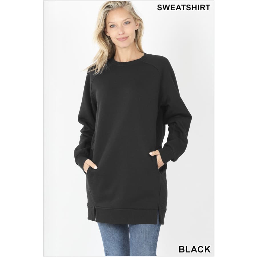 NEW! Oversized Loose Fit Round Neck Longline Sweatshirt with Front Slits and Pockets Black / S Tops