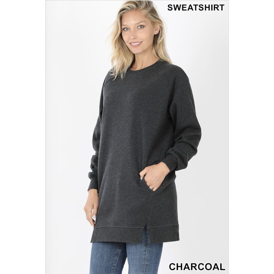 NEW! Oversized Loose Fit Round Neck Longline Sweatshirt with Front Slits and Pockets Charcoal / M Tops