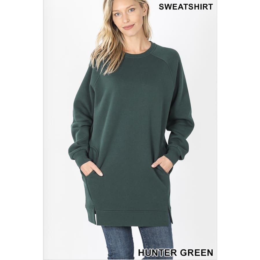 NEW! Oversized Loose Fit Round Neck Longline Sweatshirt with Front Slits and Pockets Hunter Green / S Tops