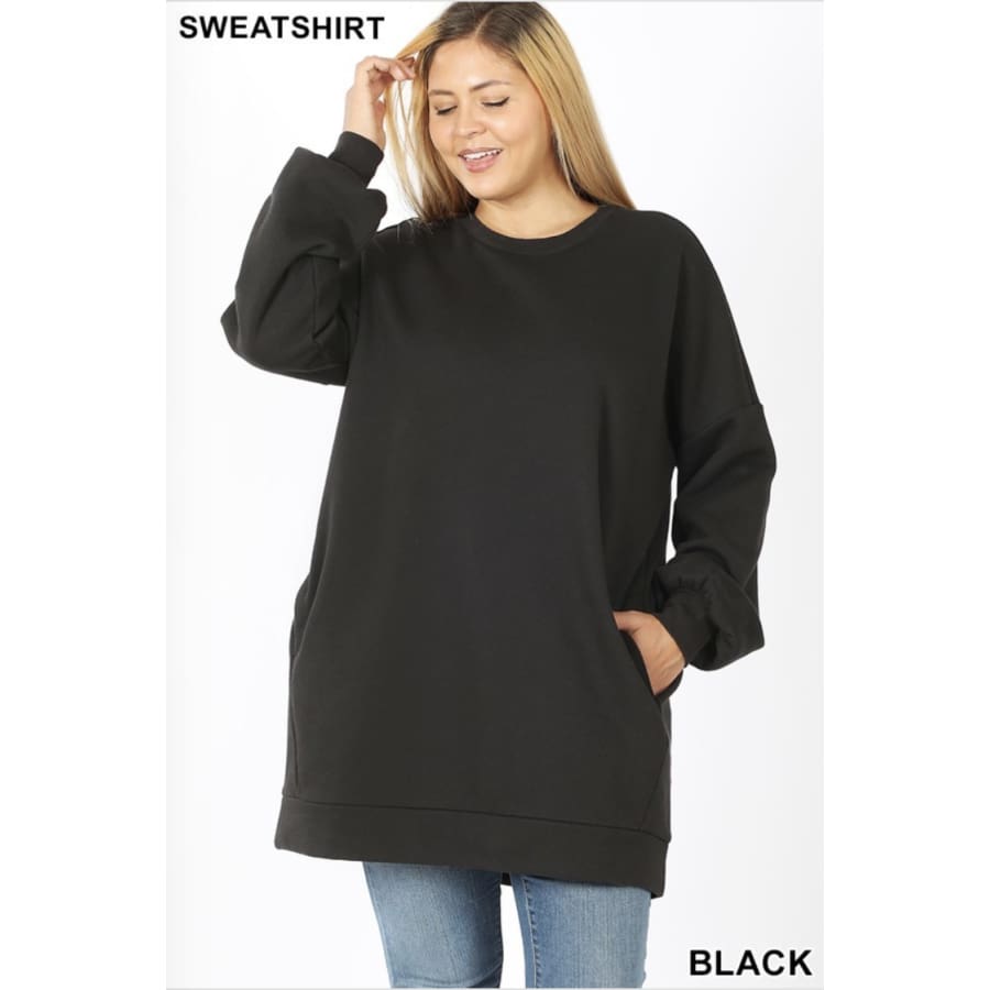 NEW! Oversized Loose Fit Round Neck Sweatshirt with Pockets Black / 1XL Tops