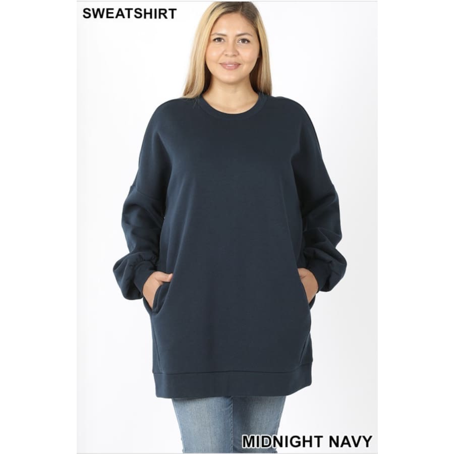 NEW! Oversized Loose Fit Round Neck Sweatshirt with Pockets Midnight Navy / 1XL Tops