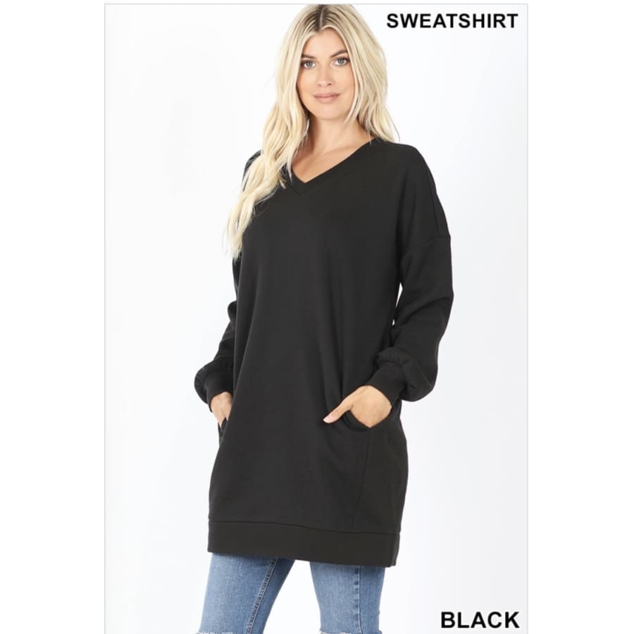 Oversized Loose Fit V-Neck Sweatshirt with Pockets Black / S Tops