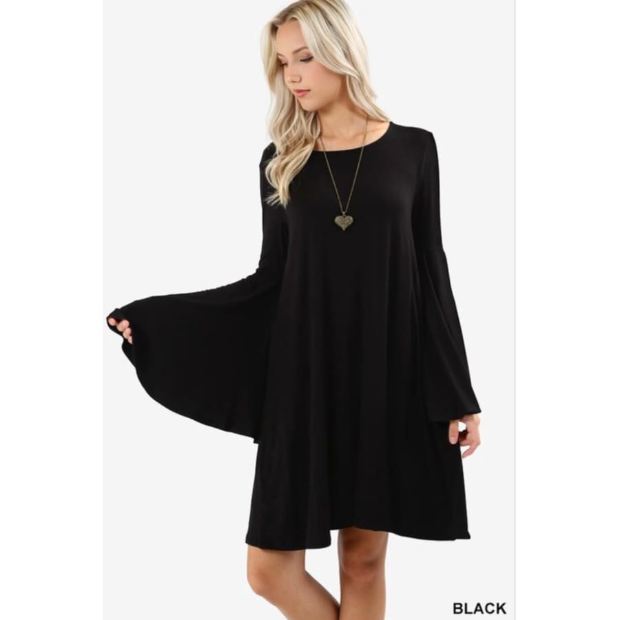 Premium Fabric Bell Sleeve Swing Dress S / Black Dresses