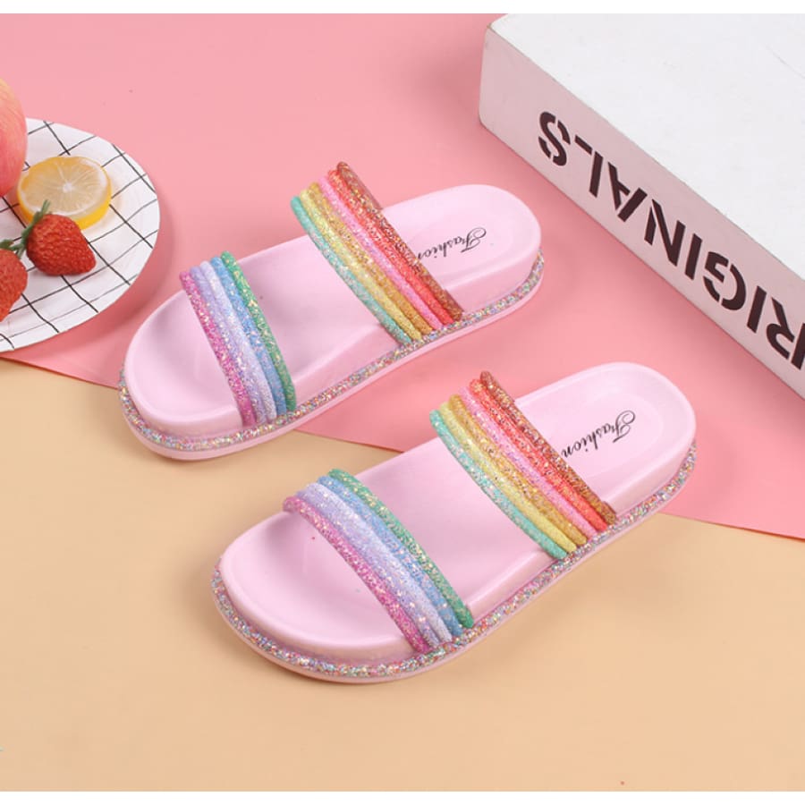 PREORDER Rainbow Glitter Slip On Sandals - Closes 6 Jan - ETA 3-4 weeks 36 / Pink / Two Strap Sandals