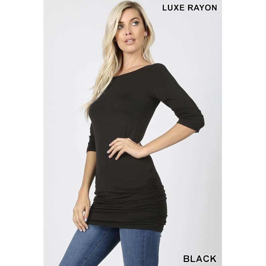 Rayon 3/4 Sleeve Tunic with Shirring S / Black Tops