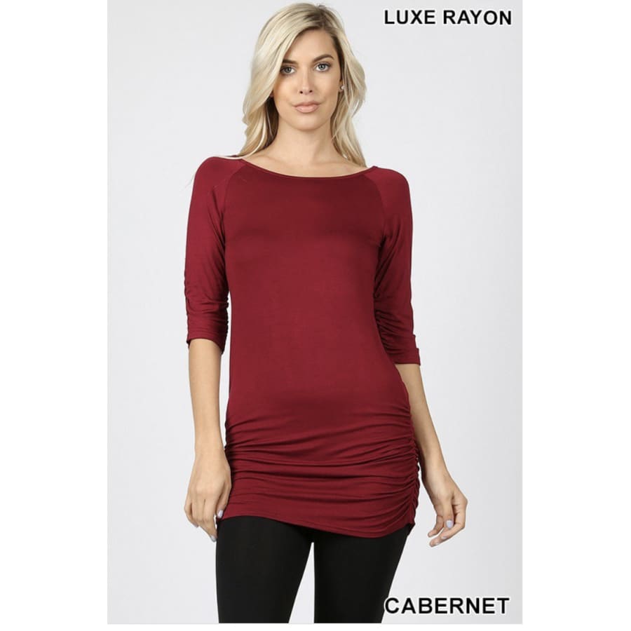 Rayon 3/4 Sleeve Tunic with Shirring S / Cabernet Tops