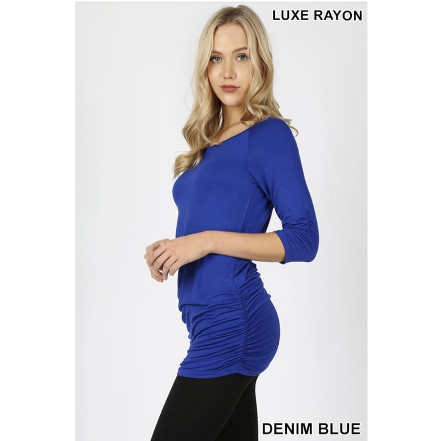 NEW COLOURS! Rayon 3/4 Sleeve Tunic with Shirring Denim Blue / S Tops