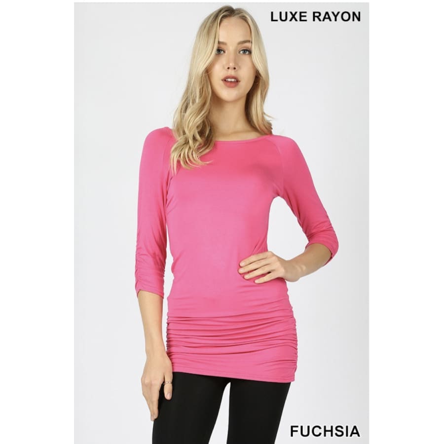 NEW COLOURS! Rayon 3/4 Sleeve Tunic with Shirring Fuchsia / S Tops