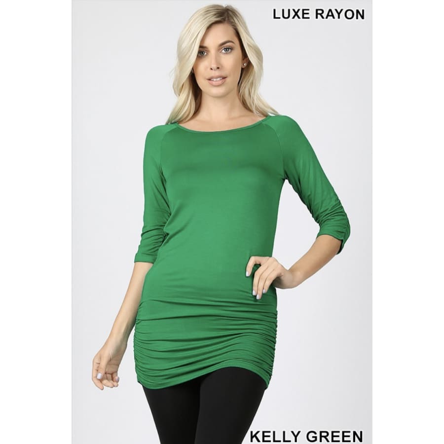NEW COLOURS! Rayon 3/4 Sleeve Tunic with Shirring Kelly Green / S Tops