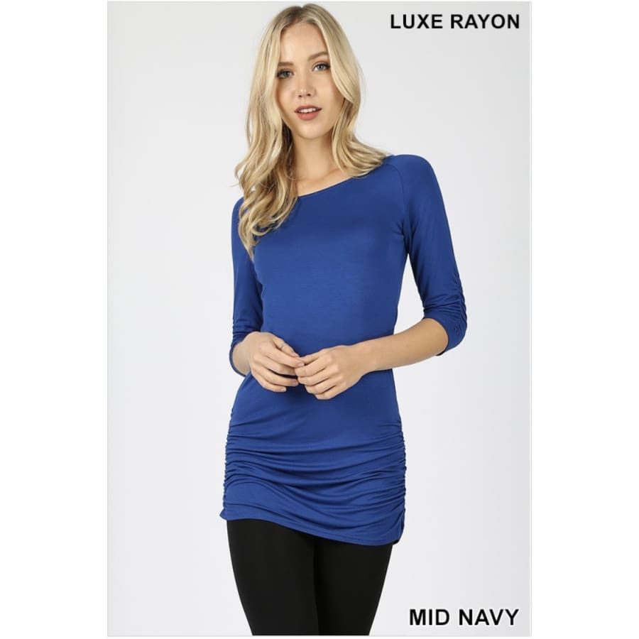 NEW COLOURS! Rayon 3/4 Sleeve Tunic with Shirring Mid Navy / S Tops