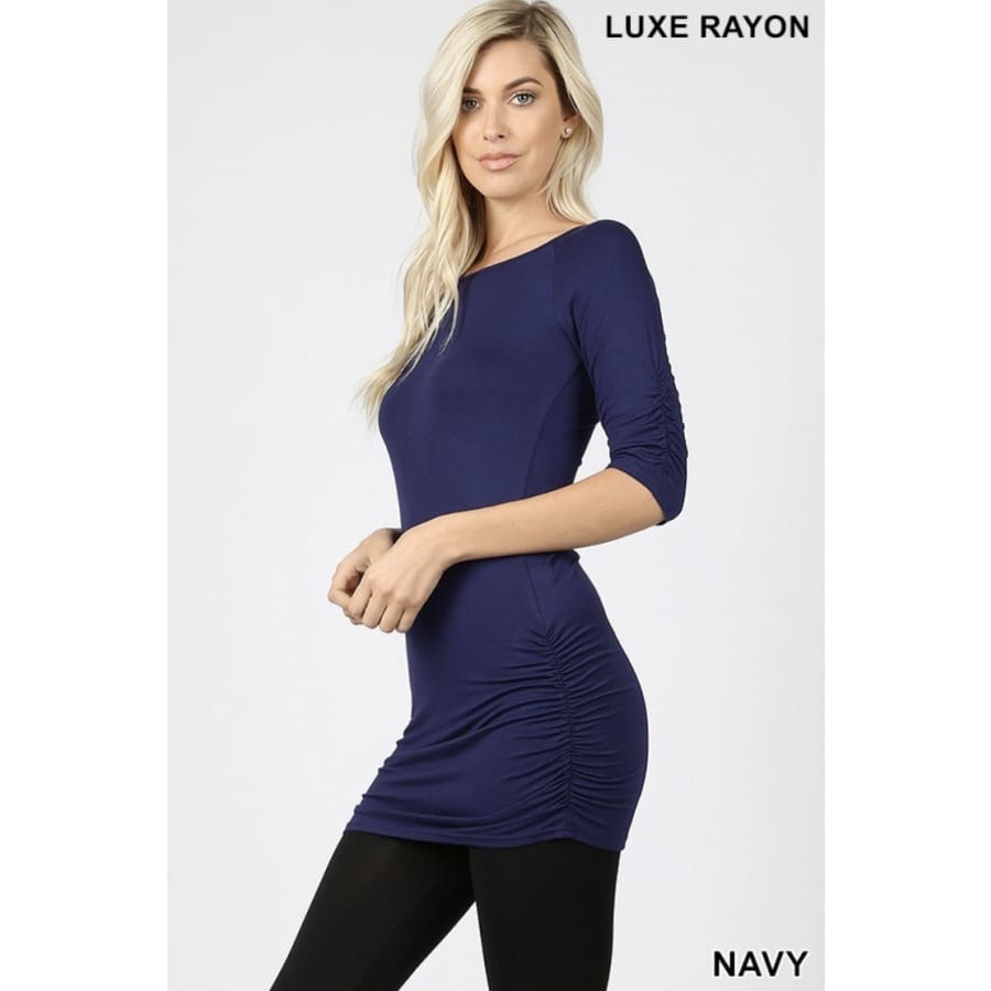 Rayon 3/4 Sleeve Tunic with Shirring S / Navy Tops