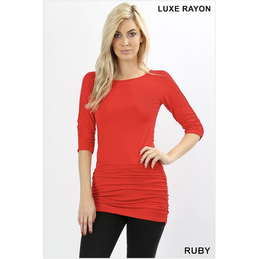 NEW COLOURS! Rayon 3/4 Sleeve Tunic with Shirring Ruby / S Tops