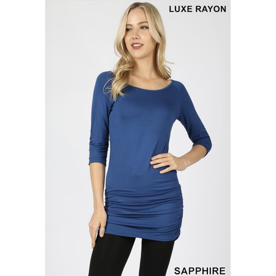 NEW COLOURS! Rayon 3/4 Sleeve Tunic with Shirring Sapphire / S Tops