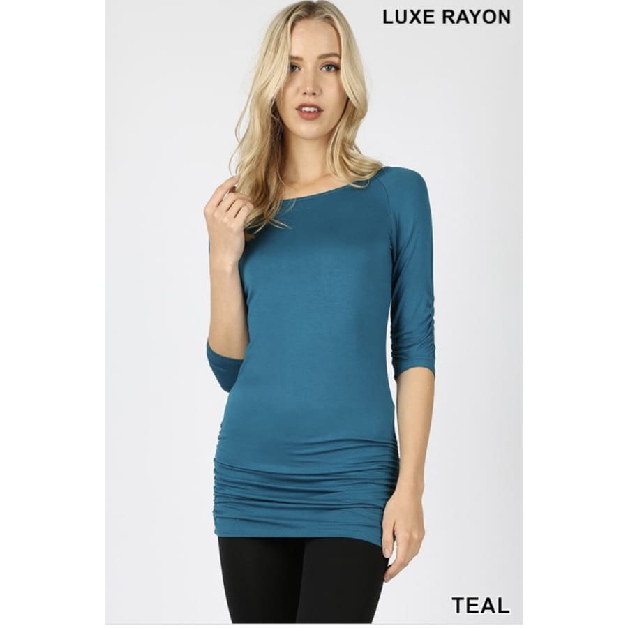 Rayon 3/4 Sleeve Tunic with Shirring S / Teal Tops