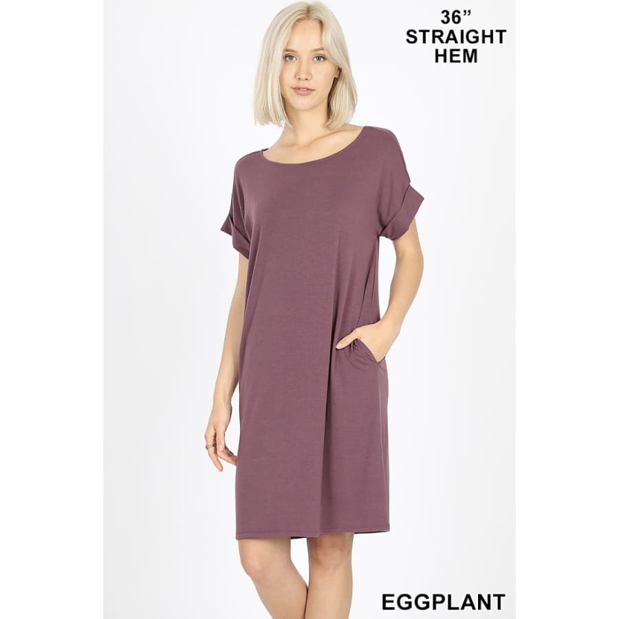 Now here! Rolled Short Sleeve Round Neck Dress XL / Eggplant Dresses